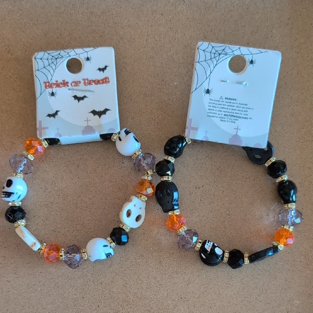 Halloween Gothic Skull Bead Bracelet Set - Black, White, Orange Set